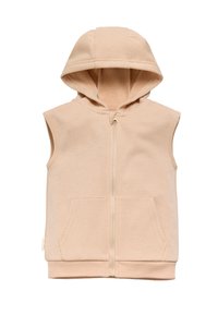 Chaleco sin mangas en color beige con cremallera frontal, dos bolsillos frontales y una capucha forrada. Tejido suave con una textura lisa.