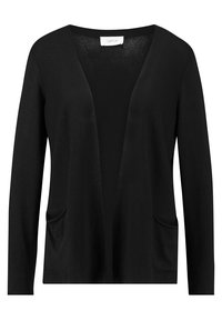 Black cardigan with a V-neck, open front, long sleeves, and two front pockets. Made from a soft, lightweight fabric. Simple design.