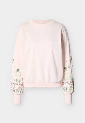 Ροζ ανοιχτό φούτερ με μακριά φουσκωτά μανίκια, διακοσμημένα με πολύχρωμη κεντητή λουλουδένια σχεδίαση και με ριμπ μανσέτες και τελείωμα.