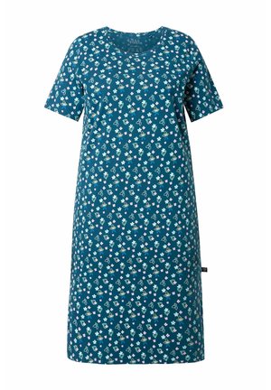 Turquoise korte mouw jurk met een ronde halslijn, versierd met een bloemenpatroon in roze en groen over de stof. Gemaakt van zachte katoen.
