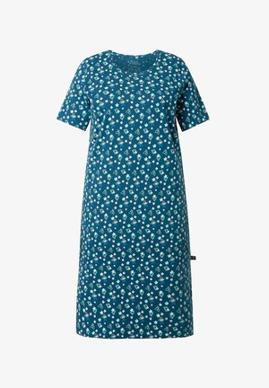 Vestido corto de manga corta en turquesa con escote redondo, que presenta un patrón floral en rosa y verde a lo largo de la tela. Hecho de algodón suave.