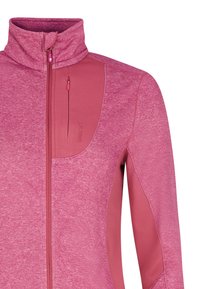Giacca in pile rosa con colletto alto, zip frontale e tasca sul petto con zip; presenta un mix di pannelli in tessuto testurizzato e liscio.