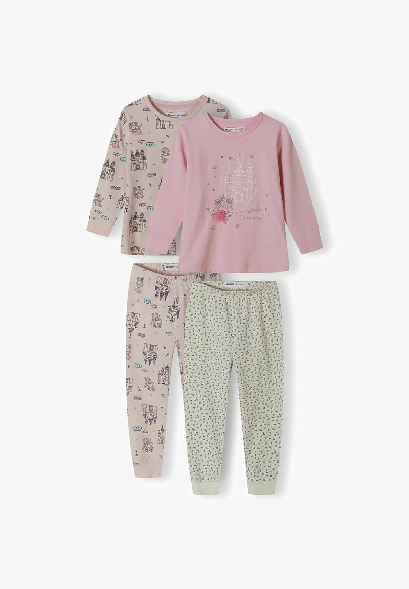 Sada dvoch pyžamových vrchov a dvoch spodkov. Jeden vrch je ružový s potlačou zámku; druhý je béžový s hravými ilustráciami. Nohavice sú so vzorom.