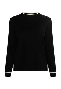 Schwarzer Pullover mit langen Ärmeln, runder Halslinie und kontrastierendem weißen Besatz am Kragen und den Säumen. Weiche, glatte Textur.