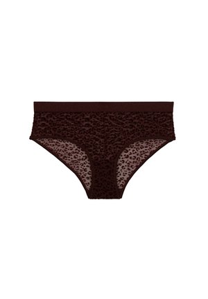 Slip da donna marrone scuro con tessuto leopardato semitrasparente e fascia in vita solida, distesi su uno sfondo bianco.