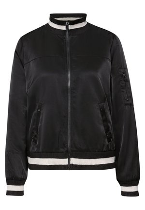 Veste bomber noire avec fermeture éclair sur le devant, col et poignets côtelés en noir et blanc, dotée de poches latérales et d'un tissu texturé.