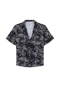 Camicetta nera a maniche corte con motivo paisley bianco, dotata di colletto e vestibilità comoda. Tessuto liscio senza bottoni visibili.