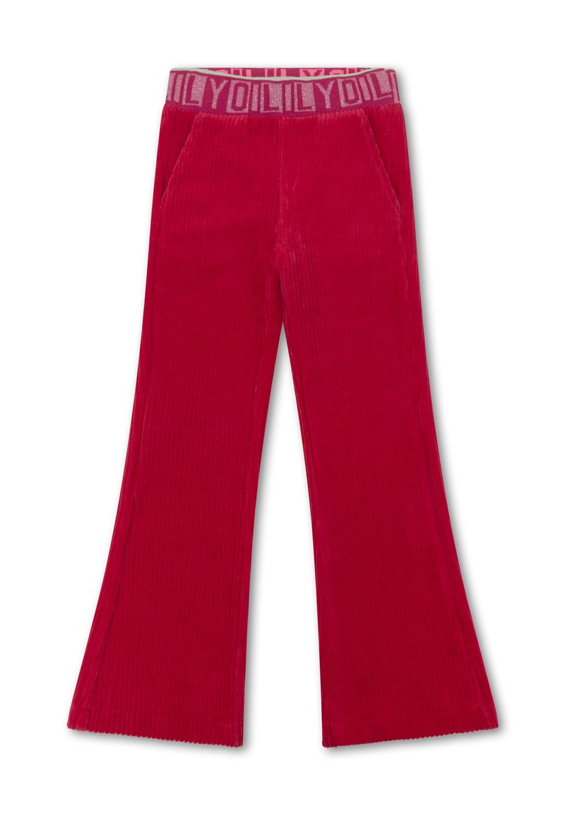 Rode corduroy broek met een uitlopende pijp. Kenmerkt zich door een contrasterende elastische tailleband met herhaalde logo-tekst. Twee zijzakken.