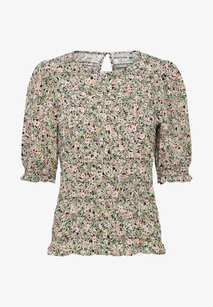 Kvetinová blúzka s zeleným podkladom a ružovými a oranžovými kvetmi. Krátke pufové rukávy s elastickými manžetami, štvorcový výstrih a detail na zadnej strane v tvare kľúčovej dierky.