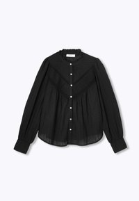 Chemise noire à manches longues avec un col volanté, un devant à boutons et des détails de panneau texturé. Tissu doux avec une coupe ample et décontractée.