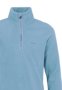 Pullover in pile azzurro chiaro con colletto a mezza zip. Presenta un logo discreto e un tessuto texturizzato per calore e comfort.