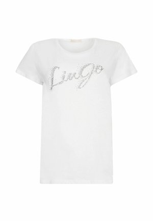 Hvid kortærmet T-shirt med rund halsudskæring, der har et glitrende "Lingo" logo design i sølv, glat tekstur og afslappet pasform.