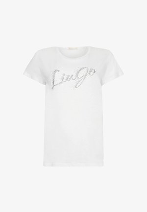 Hvid kortærmet T-shirt med rund halsudskæring, der har et glitrende "Lingo" logo design i sølv, glat tekstur og afslappet pasform.