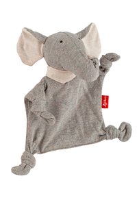 Gray elephant plush toy with large ears and a knotted body. Features colorful speckles and a red label. Soft cotton material.