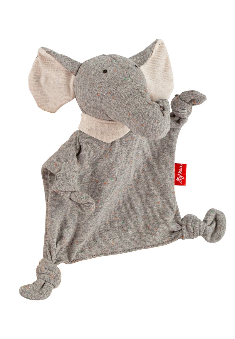 Gray elephant plush toy with large ears and a knotted body. Features colorful speckles and a red label. Soft cotton material.