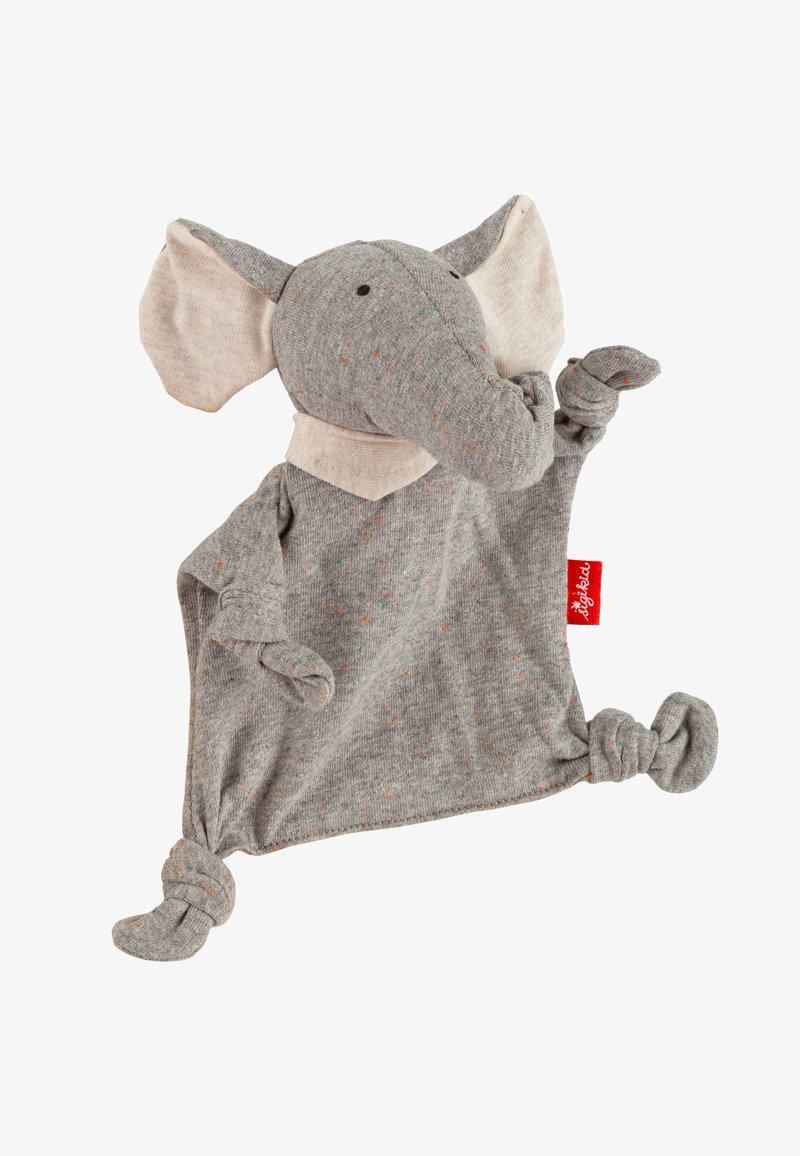 Gray elephant plush toy with large ears and a knotted body. Features colorful speckles and a red label. Soft cotton material.