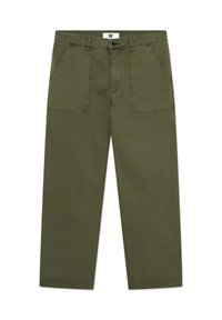 Olivo zelene široke hlače z bombažem. Imajo dva velika naročna žepa spredaj in zapenjanje na gumbe spredaj. Gladek tekstura, krojen dizajn.