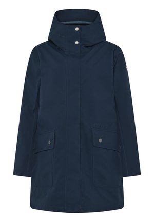 Marine vandtæt frakke med høj krave, to frontlommer og trykknaplukninger. Glat tekstur og minimalistisk design med synlige syninger.