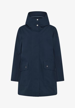 Marineblauwe waterdichte jas met een hoge kraag, twee voorkussens en drukknoopsluitingen. Gladde textuur en minimalistisch ontwerp met zichtbare stiksels.