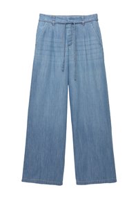 Lysblå, vide denimbukser med snøre i taljen. Har forlommer og en blød tekstur med en bleget overflade.