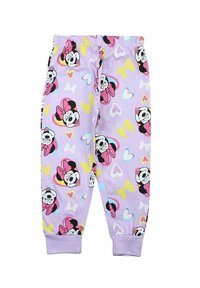 Pantalons de pyjama violets avec un motif répété de personnages de dessins animés, accents noirs et roses, nœuds jaunes et cœurs colorés.