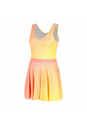 Ärmelloses Tennis-Kleid in Gelb-Orange-Verlauf mit Rundhalsausschnitt, tailliertem Schnitt und fließendem, plissiertem Rock mit dezenten Wellenmustern.