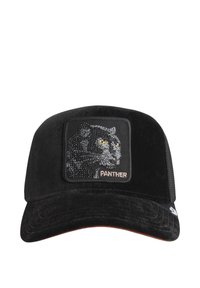 Zwarte pet met een gestructureerde afwerking, voorzien van een patch met een panterkop versierd met strasstenen en contrasterende tekst 'PANTHER' eronder.