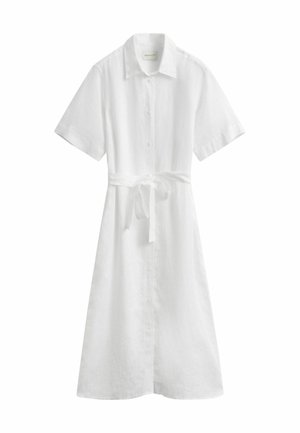 Weißes Midikleid mit kurzen Ärmeln, Hemdkragen, Knopfleiste vorne und einem gebundenen Gürtel in der Taille.