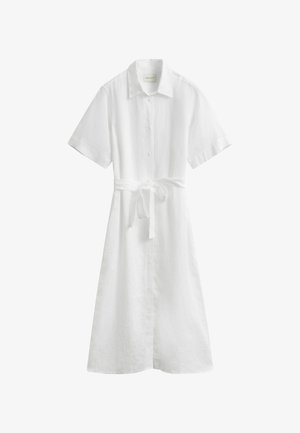 Robe chemise midi blanche à manches courtes, avec col, boutons sur le devant et ceinture nouée à la taille.
