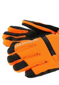 Orange gloves with black accents, featuring a snug fit and adjustable closure, made from a flexible material for improved grip and comfort.