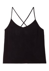 Schwarzes Tanktop mit einer strukturierten Musterung, featuring dünnen Trägern, die sich am Rücken kreuzen, und einem weiten V-Ausschnitt-Design.