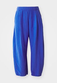Pantalon bleu léger, ample et plissé avec une taille élastique et des poignets resserrés, en tissu texturé.