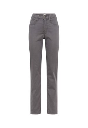 Gray straight-leg jeans with a button closure, five pockets, and contrasting stitching details. Made from a soft, durable fabric.