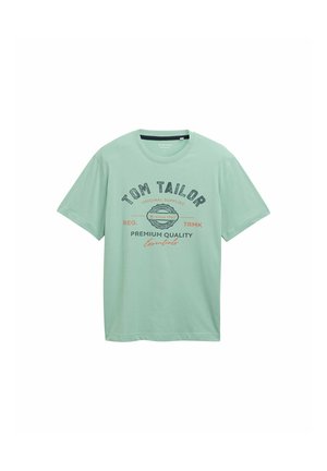 Mint green cotton T-shirt with a crew neckline, featuring black and red text graphics for "Tom Tailor" and design details below.
