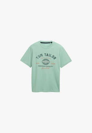 Mint green cotton T-shirt with a crew neckline, featuring black and red text graphics for "Tom Tailor" and design details below.