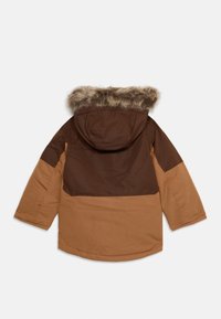 Brown hooded jacket with a fur-lined hood, featuring color-block design in shades of brown, with a smooth texture and relaxed fit.