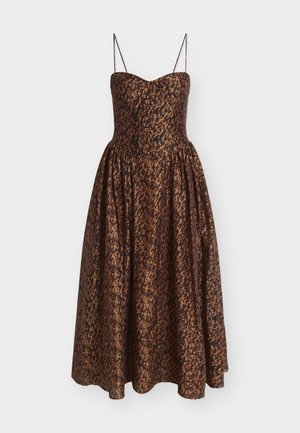 Μίντι φόρεμα με καφέ και μαύρο λεοπάρ σχέδιο, λεπτές τιράντες και εφαρμοστό μπούστο που ανοίγει σε μια φουσκωτή φούστα με ρεβέρ.