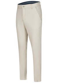 Beige trousers with a straight cut, featuring a button closure, front pockets, and a striped inner waistband. Soft fabric with a smooth texture.