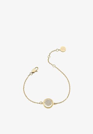 Bracciale a catena in oro con ciondolo circolare impreziosito da cristalli chiari incastonati, chiusura a moschettone e piccola targhetta con logo rotondo.