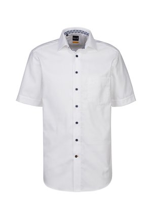 Camicia bianca a maniche corte in cotone. Caratterizzata da una chiusura con bottoni sul davanti con bottoni blu a contrasto e una tasca sul lato sinistro.
