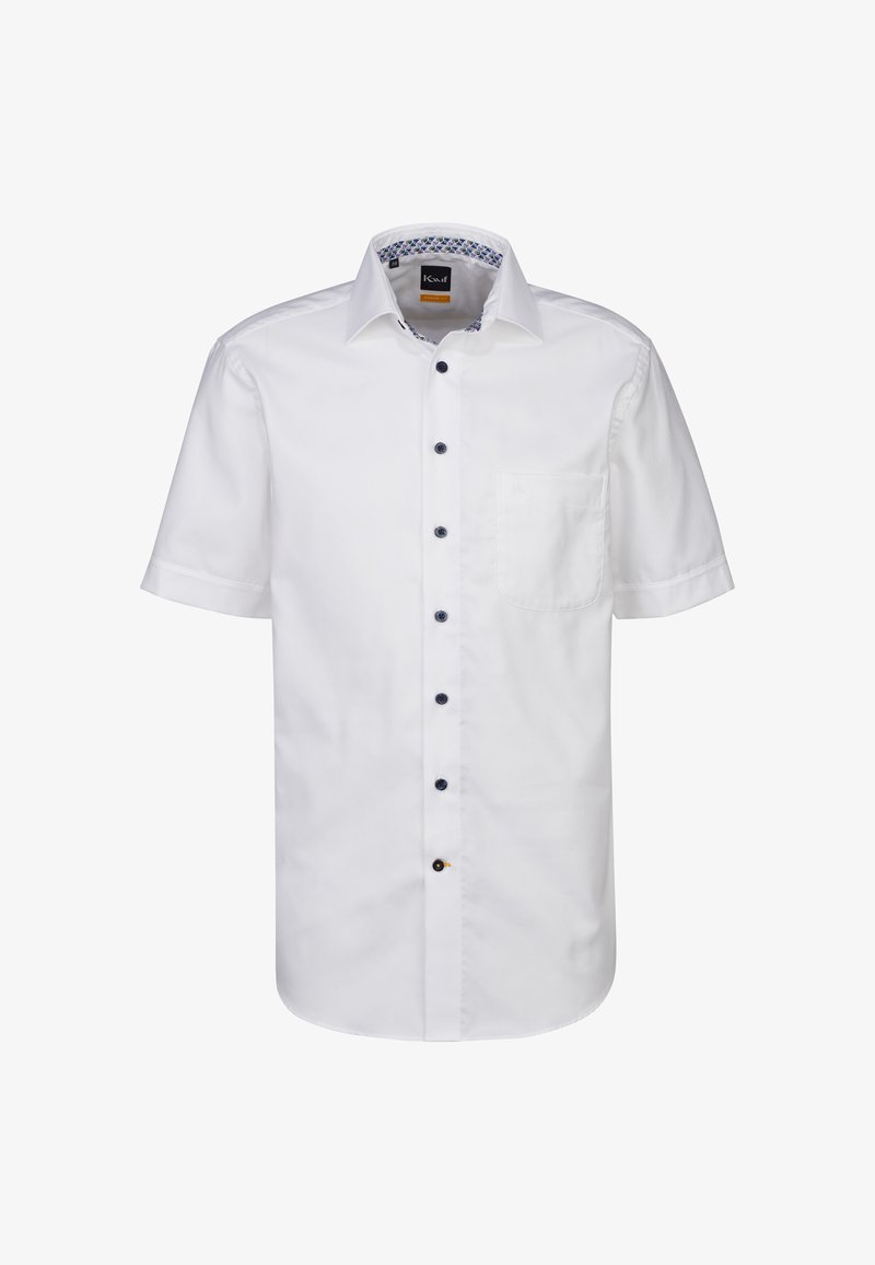 Camicia bianca a maniche corte in cotone. Caratterizzata da una chiusura con bottoni sul davanti con bottoni blu a contrasto e una tasca sul lato sinistro.