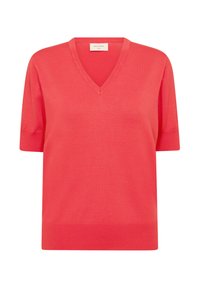 Coral knit pullover with short sleeves, V-neckline, and a soft texture. Simple design with a straight cut and ribbed hem.