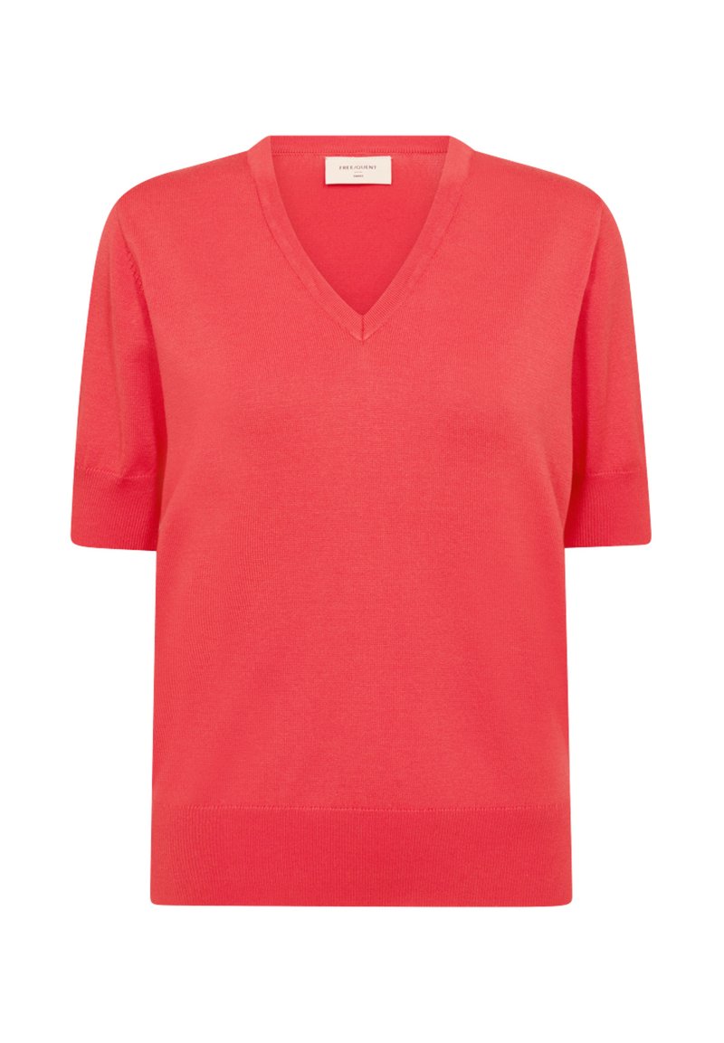 Coral knit pullover with short sleeves, V-neckline, and a soft texture. Simple design with a straight cut and ribbed hem.