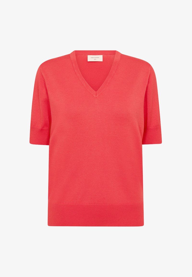 Coral knit pullover with short sleeves, V-neckline, and a soft texture. Simple design with a straight cut and ribbed hem.
