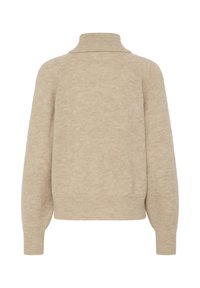 Pull en maille beige à manches longues avec un col montant côtelé ainsi que des poignets et un ourlet côtelés, vu de dos.