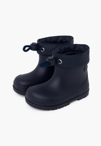Stivali di gomma navy impermeabili con caviglia ristretta, suola testurizzata e occhielli in argento. Superficie liscia con altezza corta e design della punta rotonda.