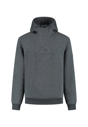 Sweat à capuche gris avec un col montant, des accents avec cordons de serrage et un logo de montagne texturé sur le devant. Poignets et ourlet côtelés.