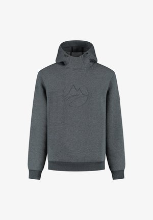 Grijze pullover hoodie met een hoge kraag, trekkoord accenten en een textuur patroon van een berglogo aan de voorkant. Geribbelde manchetten en zoom.