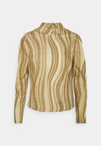 Camisola de manga longa com um colarinho alto, apresentando um padrão ondulado em castanho e bege, feita de um tecido suave com um corte relaxado.