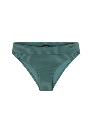 Textuur teal bikini broekje met een brede tailleband en kleine merklabels aan de voorkant in het midden en aan de rechterkant.
